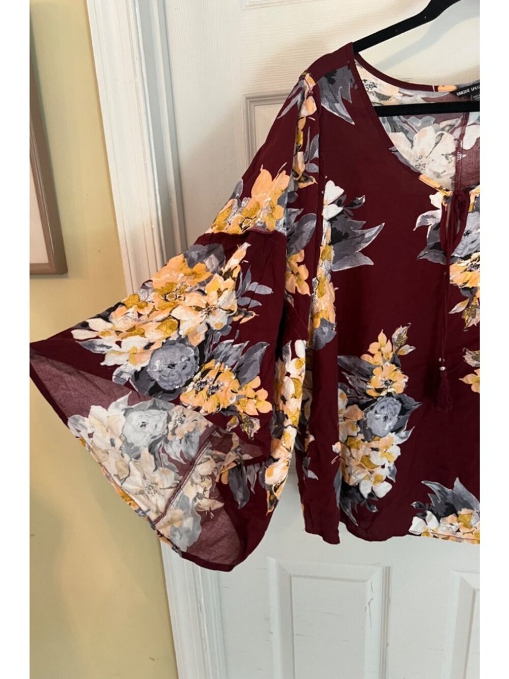 Unique Spectrum Floral Scoop Neck Wide Sleeve Blouse 2X Boho Shirt Flowy Keyhole - Picture 5 of 9